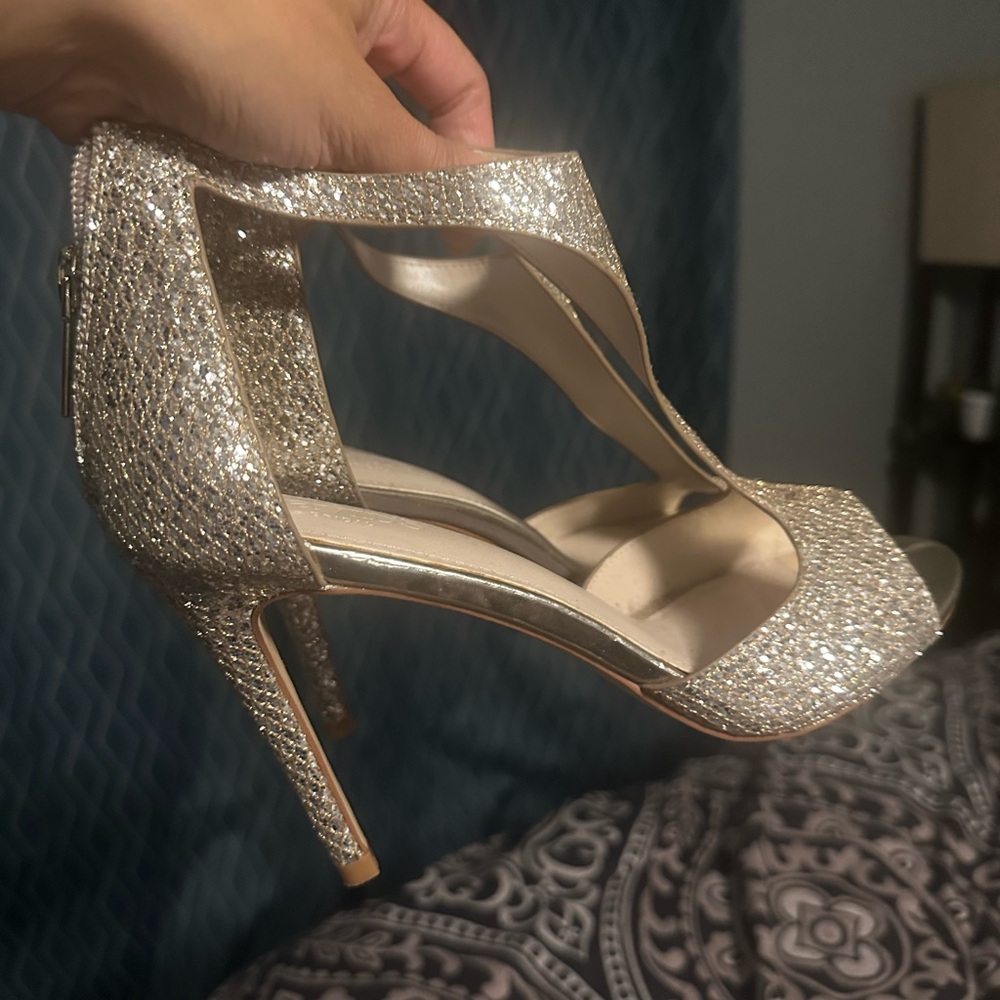 David's Bridal Silver Glitter Heels T-Strap Stiletto